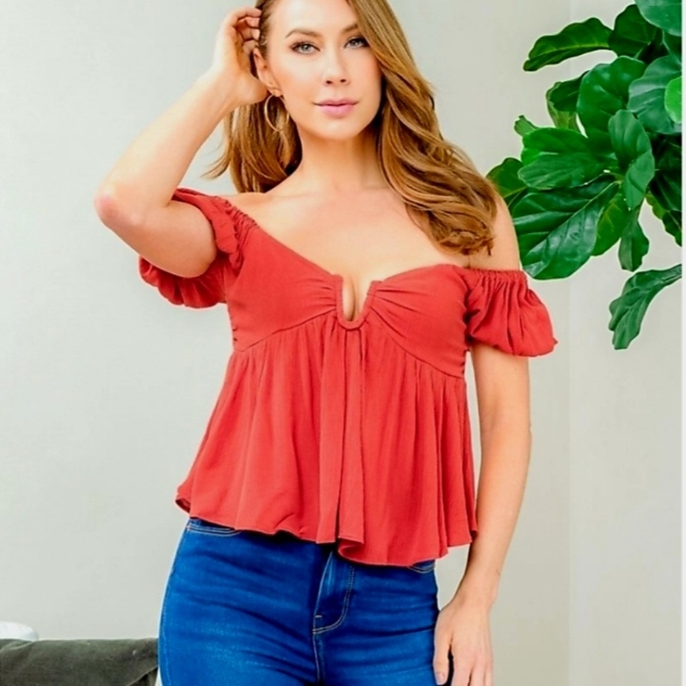 Harmony In Nature Burnt Orange Crepe Linen Puff Sleeve Boho Top NWT Large